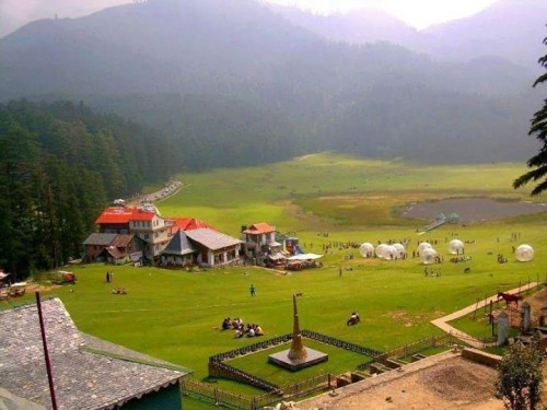 Khajjiar is a hill station in Chamba district, Himachal Pradesh, India, located approximately 24 km from Dalhousie. Khajjiar sits on a small plateau with a small stream-fed lake in the middle that has been covered over with weeds.