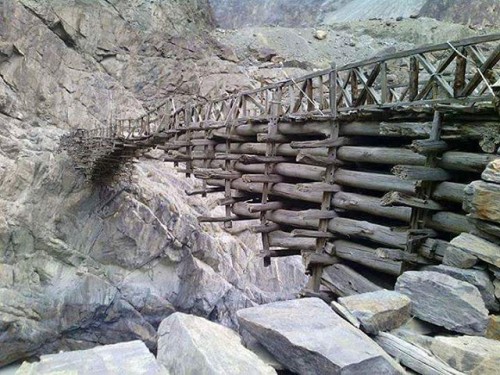 A bridge constructed with no techy fittings over Shyok River northern Ladakh in India, at LOC connecting two Villages of border area.